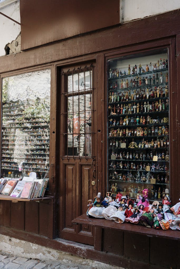 A shop with many dolls and toys on display