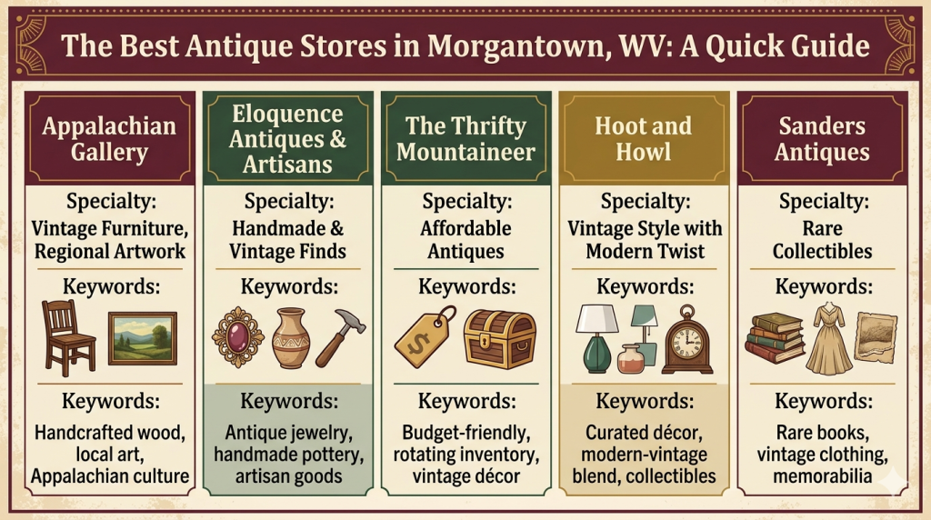 Quick guide to the best antique stores in Morgantown WV including Appalachian Gallery, Eloquence Antiques and Artisans, The Thrifty Mountaineer, Hoot and Howl, and Sanders Antiques