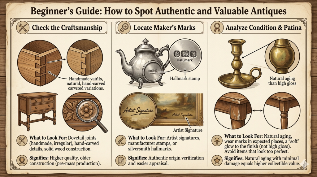 Beginner’s guide explaining how to identify authentic antiques by checking craftsmanship, maker’s marks, and natural aging patina.