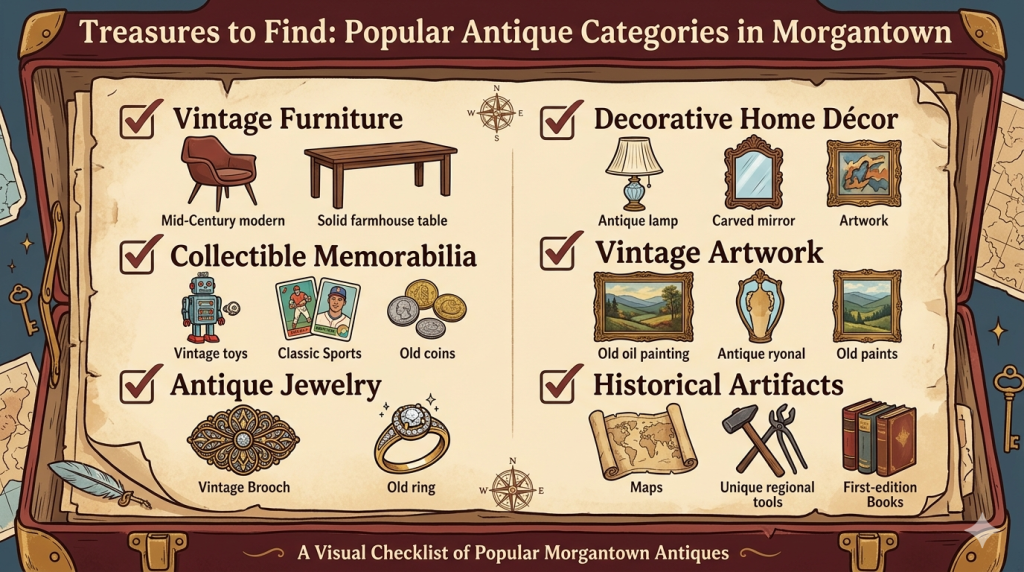 Popular antique categories in Morgantown WV including vintage furniture, collectible memorabilia, antique jewelry, decorative home décor, vintage artwork, and historical artifacts.