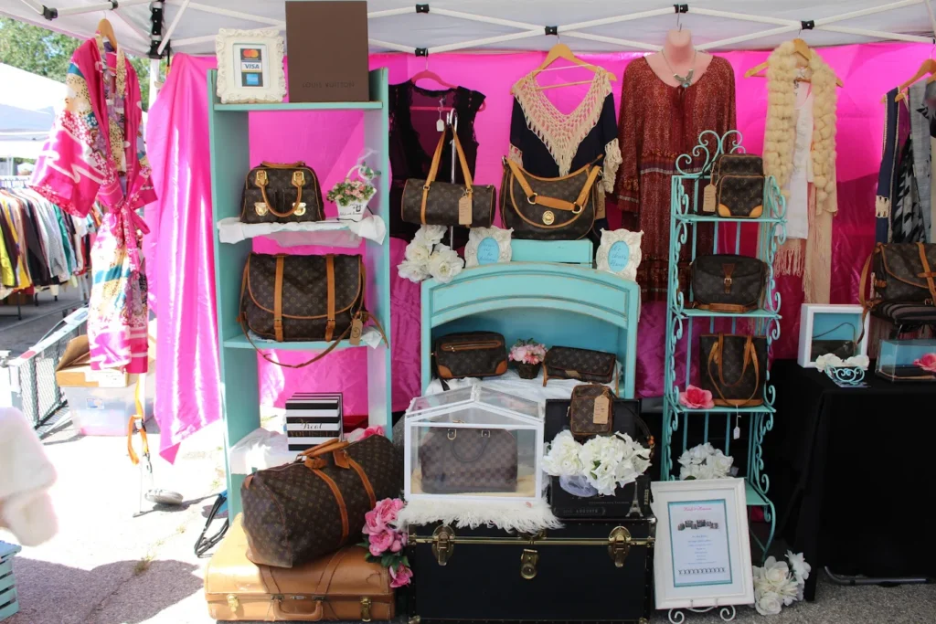 Vintage clothing racks, jewelry displays, and collectible accessories at Topanga Vintage Market in Woodland Hills, Los Angeles.