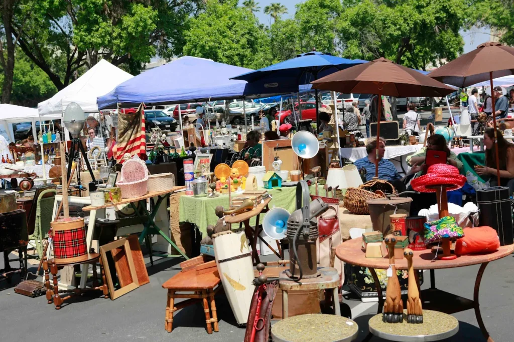 Vinyl records, retro posters, and vintage home décor displays at Topanga Vintage Market in Woodland Hills, Los Angeles.