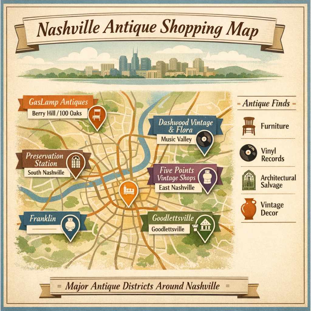 Nashville antique shopping map infographic showing GasLamp Antiques, Dashwood Vintage & Flora, Preservation Station, East Nashville vintage district, Goodlettsville antique stores, and Franklin Antique Mall.