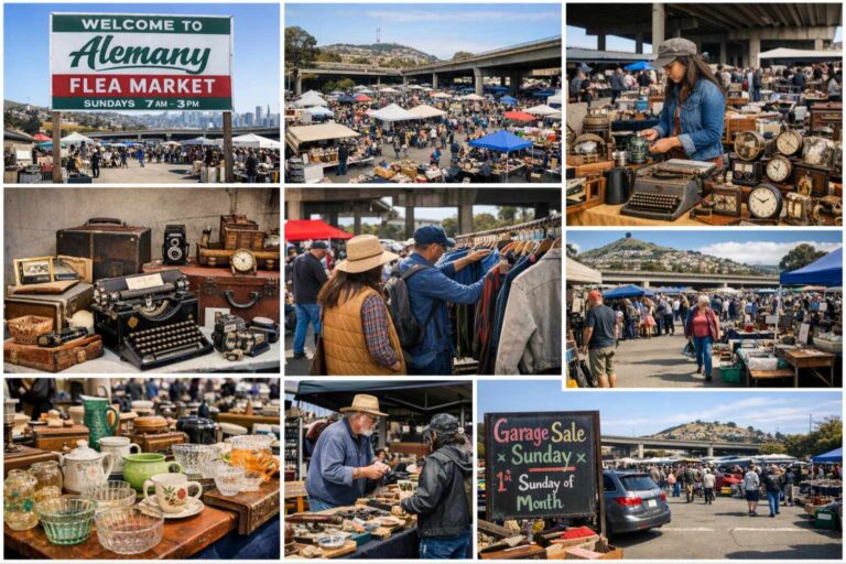 Alemany Flea Market in Bernal Heights, San Francisco featuring open-air vendor stalls selling antiques and vintage goods