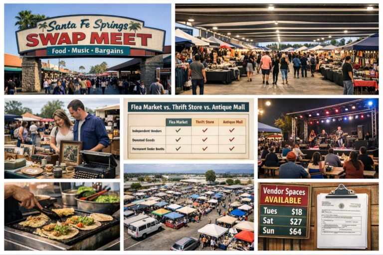 Santa Fe Springs Swap Meet in Santa Fe Springs, California with outdoor vendor stalls and shoppers