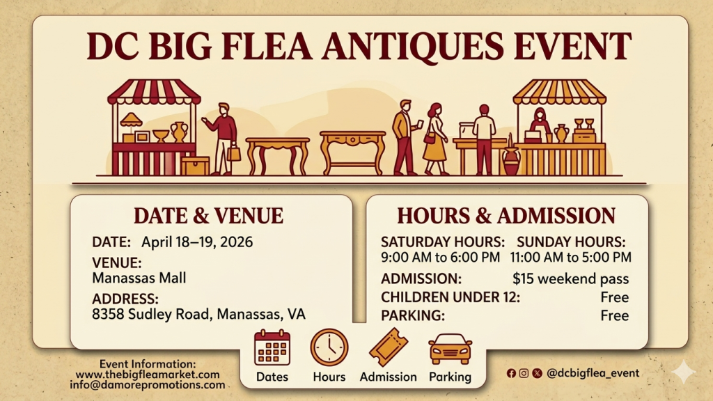 Official poster for the DC Big Flea Antiques Event at Manassas Mall scheduled for April 18–19, 2026
