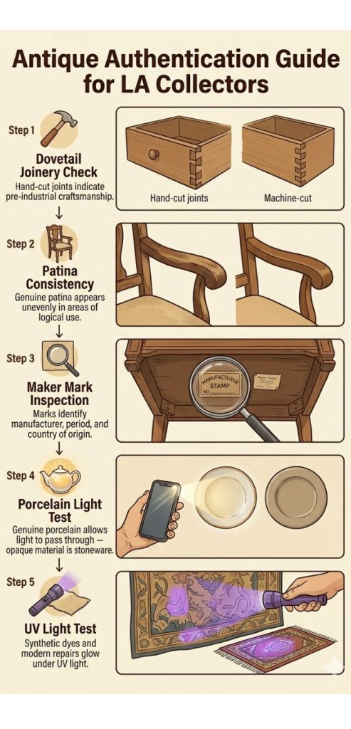 Five step antique authentication guide for Los Angeles collectors showing dovetail joinery check, patina consistency, maker mark inspection, porcelain light test, and UV light test