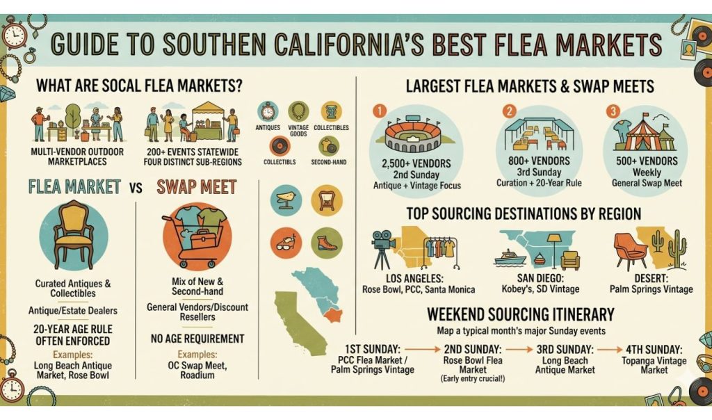 Guide to Southern California best flea markets showing flea market vs swap meet comparison, largest markets including Rose Bowl Flea Market and Long Beach Antique Market, and weekend sourcing itinerary by sub-region