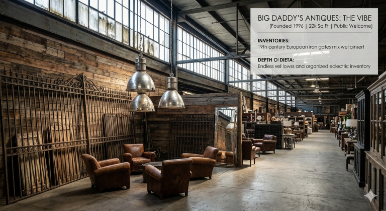 Wide-angle interior shot of the rustic Big Daddy's Antiques warehouse showroom, featuring a concrete floor, a high wood-paneled wall, large gridded windows, and hanging metal industrial lights. Multiple brown leather armchairs are arranged in a group in the foreground. In the back, an iron gate and large floor mirrors are visible. A text overlay box describes 'Big Daddy's Antiques: The Vibe', including a founded date of 1996 and a size of 22k Sq Ft, with details on inventory and layout.