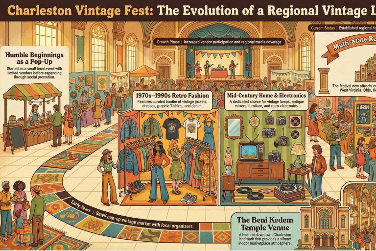 Shoppers browsing vintage clothing racks, retro collectibles, and antique décor vendors at Charleston Vintage Fest inside Beni Kedem Temple in Charleston West Virginia.