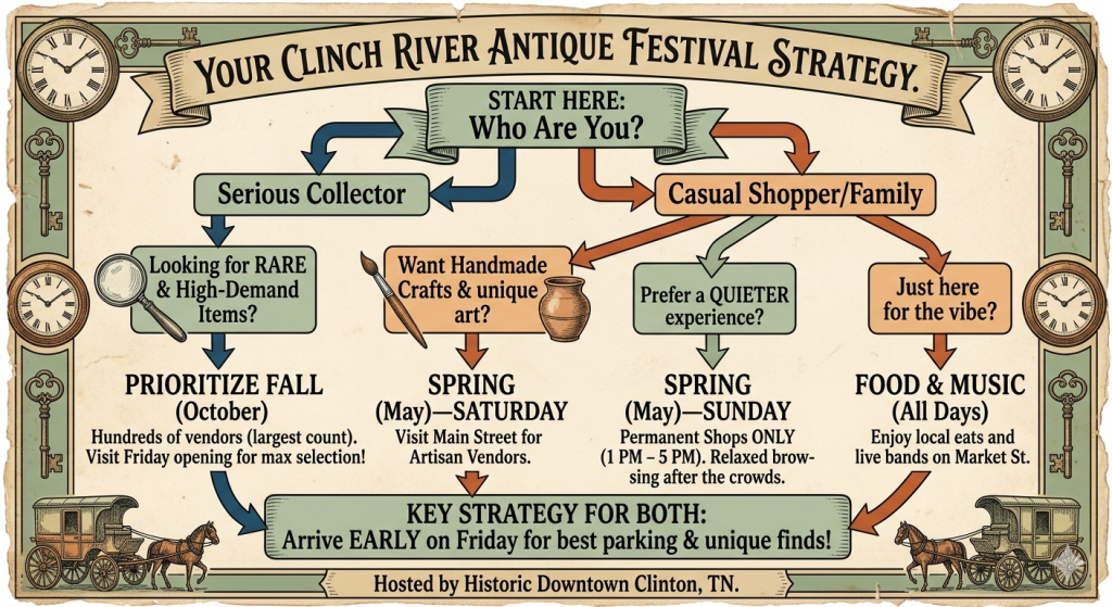 Clinton Antique Festival spring vs fall editions comparison infographic showing vendor counts, event features, and shared festival attributes in Clinton Tennessee