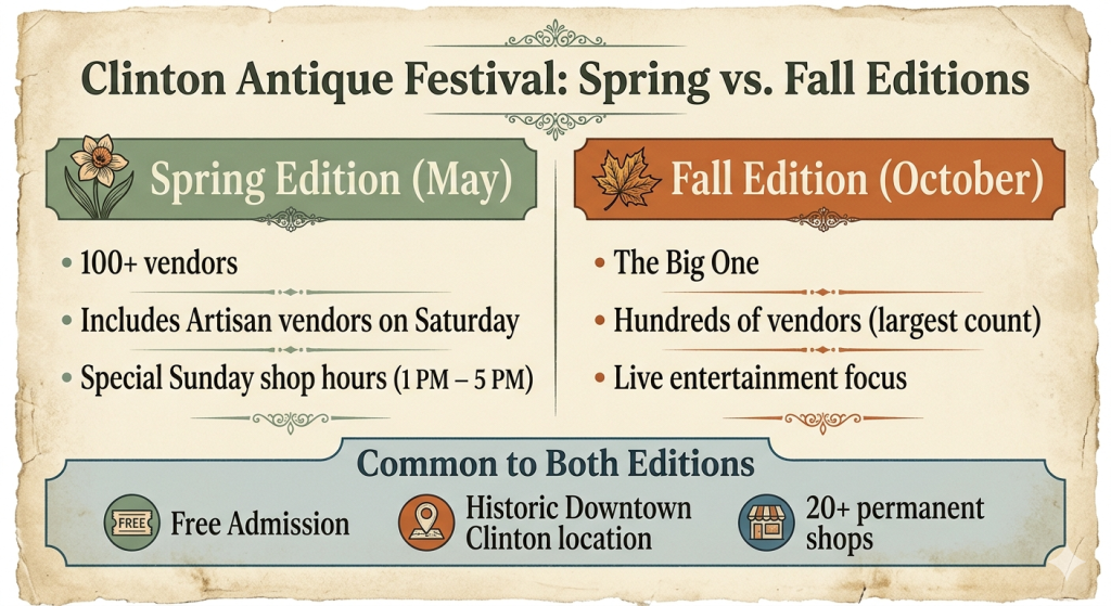 Clinch River Antique Festival visitor strategy infographic showing collector and casual shopper tips for the Clinton Antique Festival in Historic Downtown Clinton Tennessee