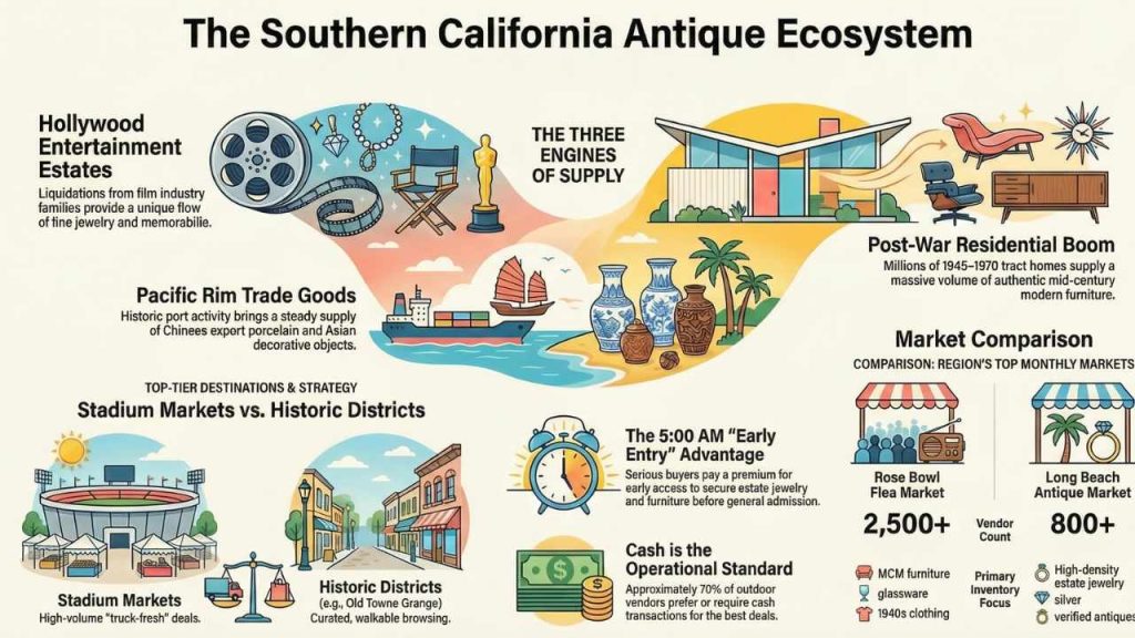 nfographic titled The Southern California Antique Ecosystem showing three supply engines — Hollywood entertainment estate liquidations, Pacific Rim trade goods through California ports, and post-war residential boom mid-century furniture  alongside a comparison of stadium markets versus historic antique districts, the 5 a.m. early entry advantage at outdoor markets, cash as the operational standard, and a side-by-side market comparison of Rose Bowl Flea Market with 2,500 plus vendors and Long Beach Antique Market with 800 plus vendors including their primary inventory categories.