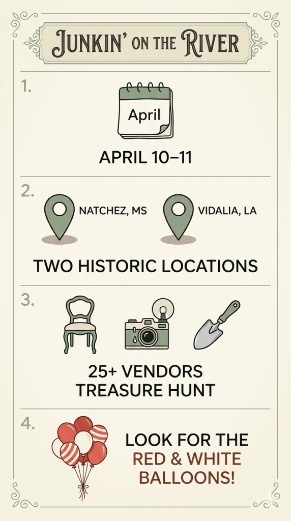 Infographic showing Junkin on the River event dates April 10–11 2026 with Natchez Mississippi and Vidalia Louisiana locations and 25 vendors