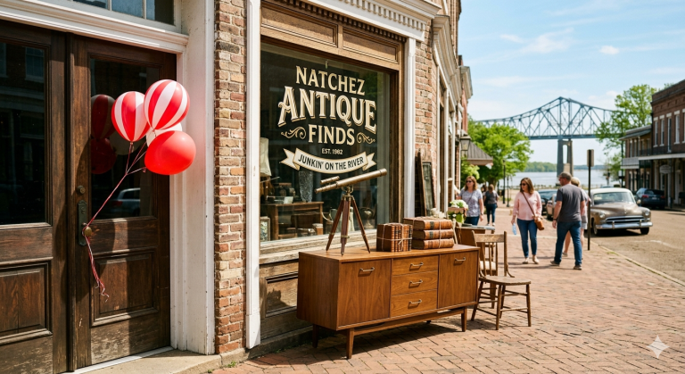 Antique shop in Natchez Mississippi decorated with red and white balloons during the Junkin on the River vintage shopping event