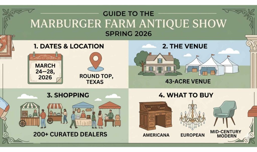 Guide to the Marburger Farm Antique Show Spring 2026 showing event dates March 24–28, Round Top Texas location, 43-acre venue, and 200+ antique dealers with Americana, European, and mid-century antiques.
