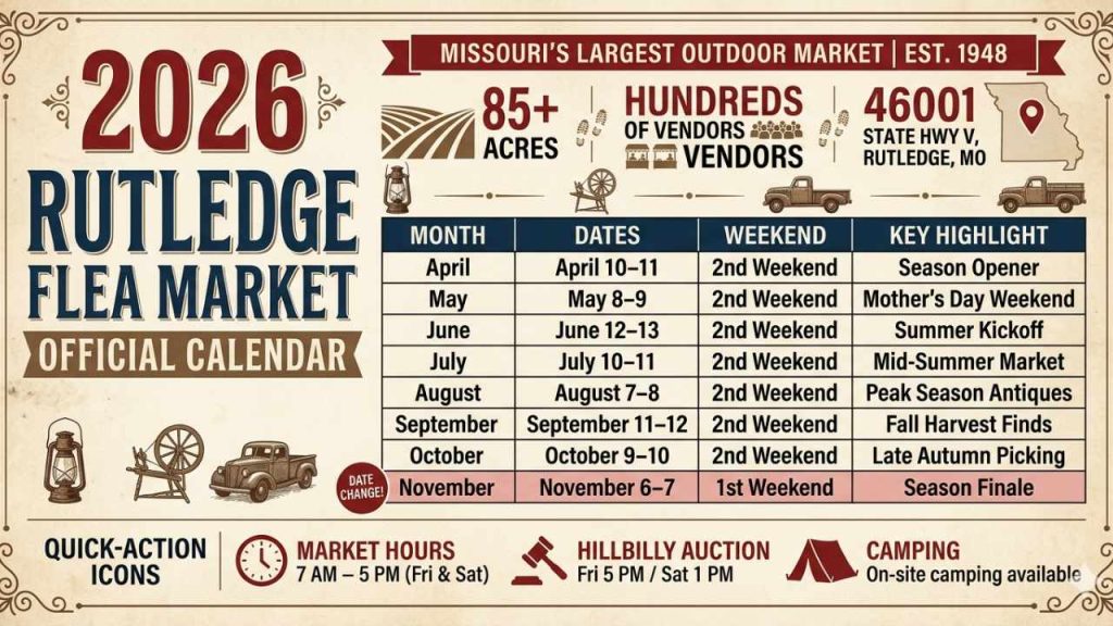 Rutledge Flea Market 2026 official calendar showing monthly event dates from April to November in Rutledge Missouri