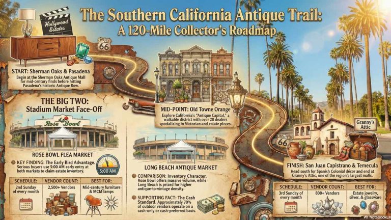 Illustrated road map infographic titled The Southern California Antique Trail: A 120-Mile Collector's Roadmap showing a winding route starting at Sherman Oaks Antique Mall and Pasadena Antique Row for mid-century finds, passing through Old Towne Orange as the midpoint with over 20 dealers specializing in Victorian and estate pieces, continuing south past Rose Bowl Flea Market on the second Sunday with 2,500 plus vendors best for mid-century furniture, Long Beach Antique Market on the third Sunday with 800 plus vendors best for estate jewelry and glassware, and finishing at San Juan Capistrano for Spanish colonial décor and Granny's Attic in Temecula as one of the region's largest antique malls, with callouts noting the 5 a.m. early entry advantage at both stadium markets and the cash-only operational standard across approximately 70 percent of outdoor vendors.