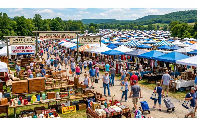 A massive outdoor flea market in Pennsylvania featuring hundreds of white and blue vendor tents sprawling across a large field, with shoppers browsing vintage furniture, antiques, and collectibles on a sunny day.