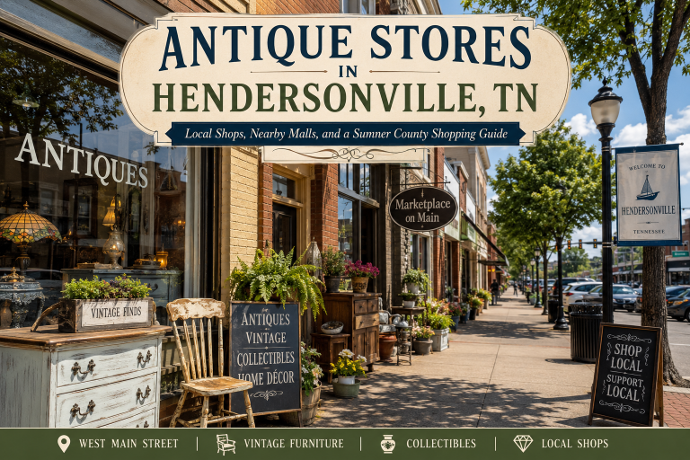 Antique stores in Hendersonville, TN featuring vintage furniture, collectibles, and locally owned shops along West Main Street in Sumner County, Tennessee.