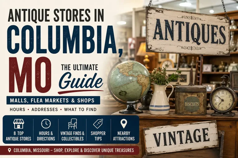 Antique stores in Columbia, Missouri featuring vintage collectibles, antique malls, flea markets, and local shopping guide