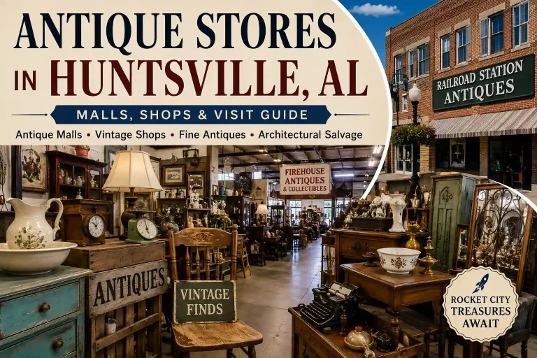 Antique Stores in Huntsville, AL featured image showing vintage furniture, antique mall vendor booths, Railroad Station Antiques storefront, Firehouse Antiques interior, and collectible home décor in Huntsville, Alabama.