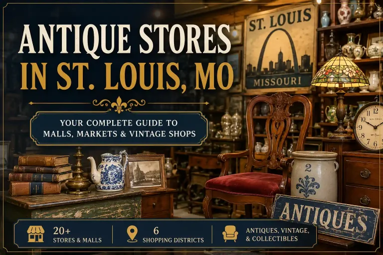 Interior of an antique store in St. Louis, Missouri, featuring vintage furniture, collectibles, antique décor, and vendor booths.