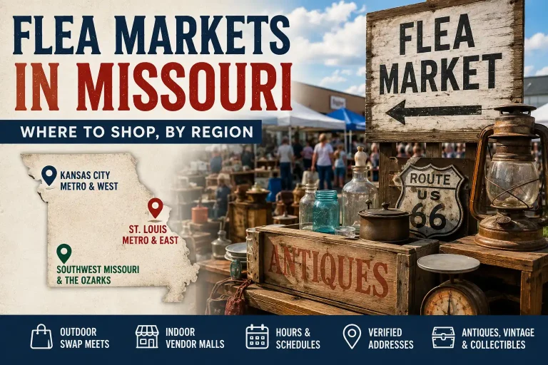 Illustration of flea markets in Missouri featuring outdoor swap meets, indoor vendor markets, antiques, vintage collectibles, and regional shopping destinations across the state.