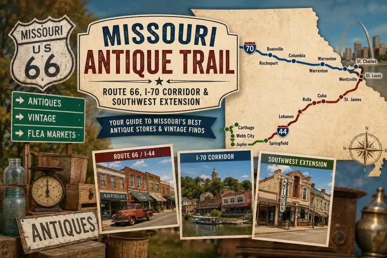 Missouri Antique Trail map featuring Route 66, the I-70 corridor, and southwest Missouri antique shopping destinations including Springfield, Columbia, St. Louis, Joplin, and Carthage