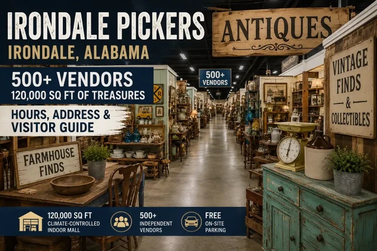 Wide interior view of Irondale Pickers antique mall in Irondale, Alabama, featuring 500+ vendor booths with vintage furniture, antiques, collectibles, rustic home décor, and a spacious climate-controlled shopping aisle.