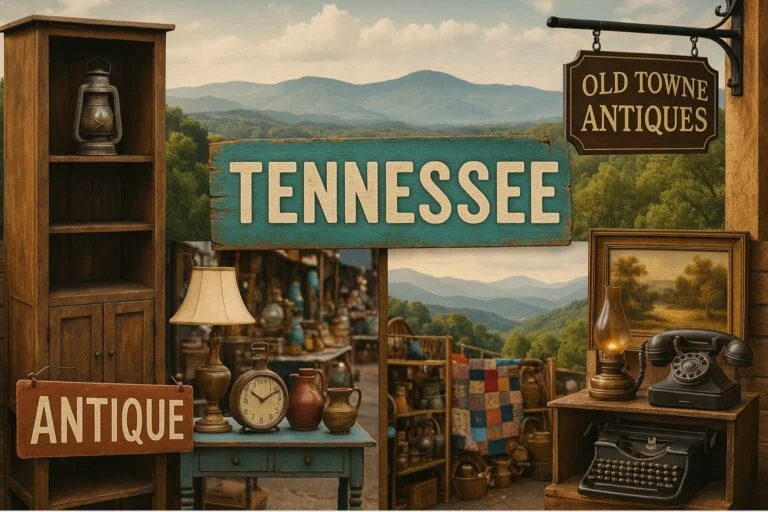 Collage of Tennessee antique stores and flea markets with rustic furniture, vintage décor, and Smoky Mountains background for the 2025 Tennessee antique guide