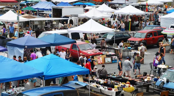 vendor booths and vintage items at PCC Flea Market in Pasadena California