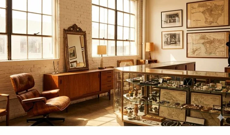 Interior of a Los Angeles antique store showing mid-century modern teak furniture, antique mirror, estate jewelry display case, and vintage Los Angeles maps in warm afternoon light