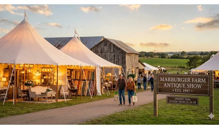 Marburger Farm Antique Show tents and antique vendors during Spring Antique Week in Round Top Texas